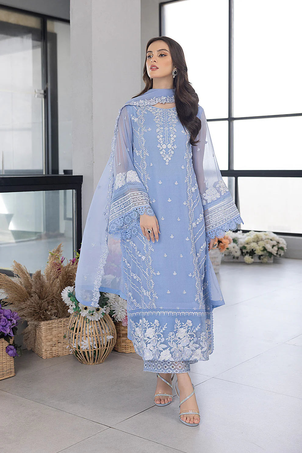 AZURE - 3PC ORGANZA EMBROIDERED LAWN SHIRT WITH ORGANZA EMBROIDERED DUPATTA AND TROUSER-3549